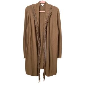 J. Jill Cardigan Womens Medium Tan Fringe Belted Duster Sweater Western Cowgirl